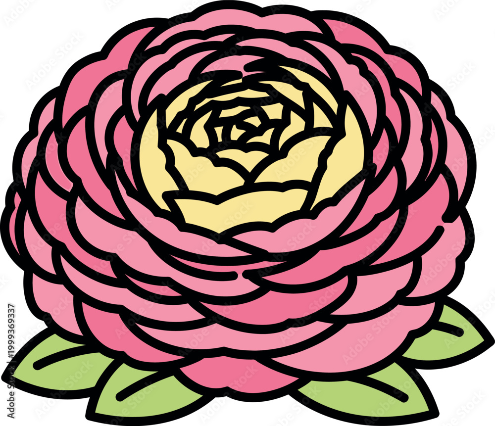 Obraz premium Cartoon pink rose flower with green leaves illustration