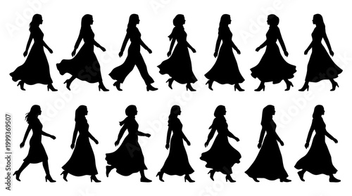 Black  White Silhouette of Women Walking in Dresses  Pants, Fashion