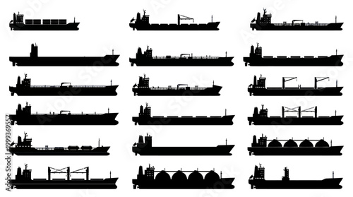 Black  White Silhouettes of Various Cargo Ships and Tankers Vector Art