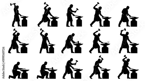Blacksmithing Metalworking Silhouette Icons: Worker with Hammer and Anvil Glyph Set