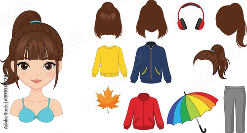 Cute Girl Character Creator Set with Hairstyles Clothing Accessories and Customizable Elements for Avatar Design Illustration and Fashion Styling Projects.