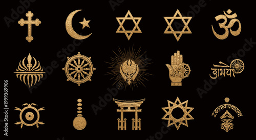 Fotografie Collection of Golden Religious Symbols Set on a Black Background Representing Di