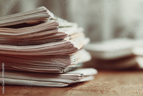 Stack of Newspapers on Wooden Table Capturing News and Information