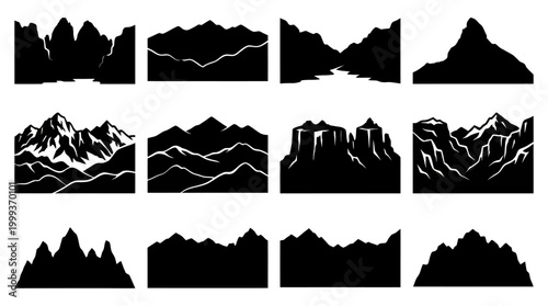 Nature Landscape Mountain  Hill Silhouette Vector Icons Set - Outdoor Glyphs  Graphics