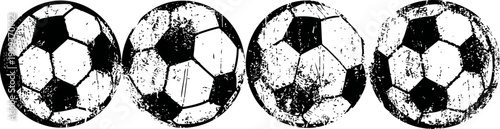 Vintage grunge soccer balls set four distressed footballs with worn texture, black and white illustration