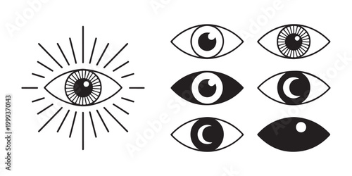 Mystical eye radiant lines and stylized eyes collection black outline filled vector graphics.