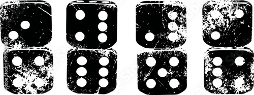 Set of grunge dice icons with worn and textured design in black and white