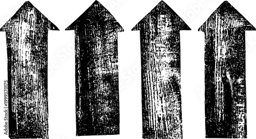 grunge black arrows pointing up with distressed texture and rough edges isolated on white background
