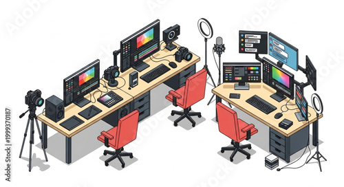 Modern Video Editing Studio with Multiple Workstations and Equipment.