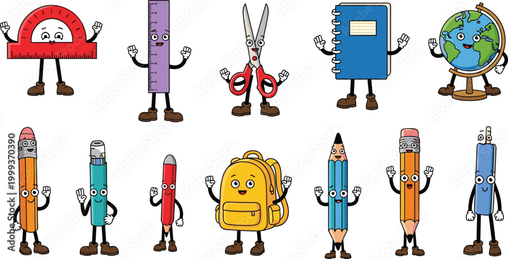 Naklejka premium Fun Cartoon Back to School Mascot Character Set with Protractor Ruler Scissors Notebook Globe Pencils Backpack and Animated Supply Collection