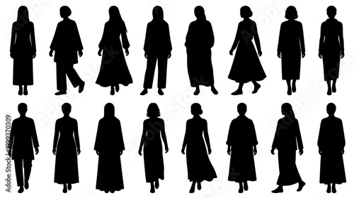 Silhouette icons of women in Islamic clothing, black and white flat vector