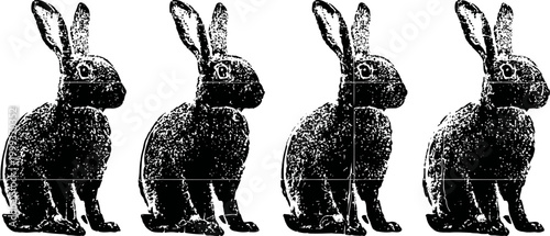 Vintage black silhouette of four identical rabbits sitting in a row with detailed fur texture