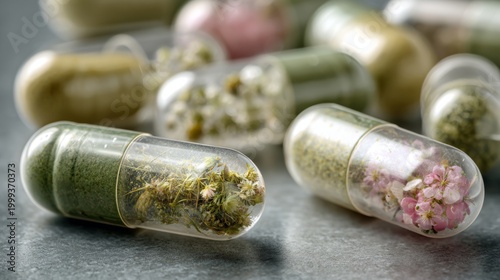 Colorful Herbal Capsules with Natural Ingredients for Wellness and Health Supplement Products, Isolated on Gray Background