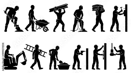Construction Workers Silhouettes - Diverse Tasks Black  White Glyph Art