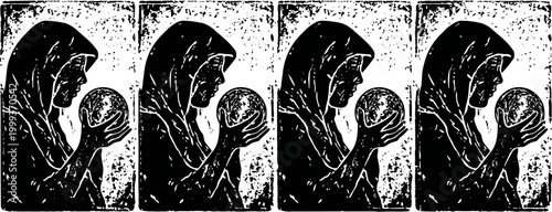 silhouetted hooded figure holding spherical object repeated in black and white stencil