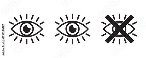 Three eye icons with radiating lines one with cross symbol set on transparent gray background.