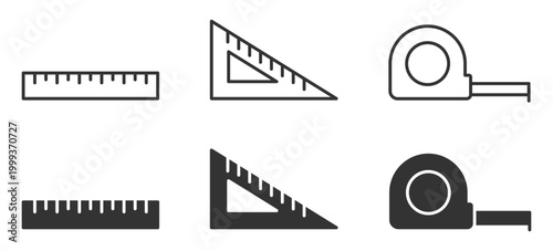 Set of ruler triangle and tape measure icons in black and white.