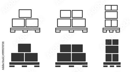 Stackable pallet icon set: collection of simple and filled designs.