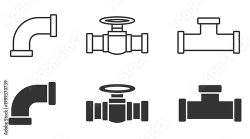 Industrial plumbing valve and pipe icon set for construction and engineering projects.
