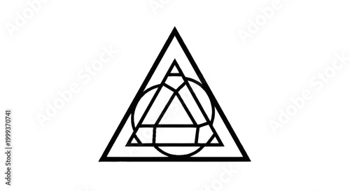 Abstract geometric symbol combining triangles and circles in a harmonious design, representing balance and spiritual connection, rendered in sleek black lines for a modern aesthetic