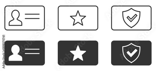 Simple icons of identification cards, stars, and shields with checkmarks.