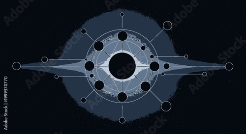 Intricate abstract symbol representing cosmic balance and harmony, with interconnected elements against a dark, enigmatic background. A stylized visual of universal order