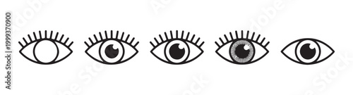 Simple eye icons with detailed lashes and different pupils on transparent background.