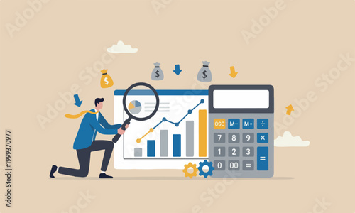 Cost management analysis, business strategy to analyze and reduce cost to gain more profit concept, smart businessman using magnifying glass to analyze cost chart with calculator.