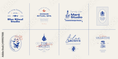 Set of ocean-themed vector logos. Includes stylized waves, marine animals, and coastal elements. Great for branding beach resorts, travel services, or eco-friendly businesses.