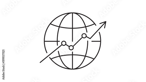 Global Business Growth and Web Analytics Editable Stroke Vector Icon. Minimalist Black Line Illustration of a Globe with an Upward Arrow Graph on White Background for Data and Progress.