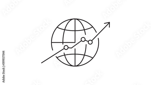 Global Web Analytics and Business Growth Concept: Minimalist Black Line Vector Icon of a Globe with an Upward Trending Graph, Editable Stroke Illustration for Data Analysis, Marketing, SEO.