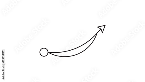 Minimalist Curved Workflow Arrow Vector Icon with Editable Stroke. Hand-drawn black line illustration of a rising arrow starting from a circle, perfect for business growth and progress concepts.