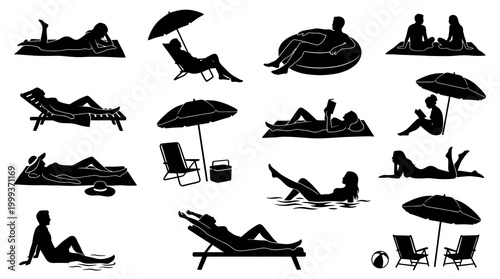 Summer Vacation Lifestyle: People Relaxing, Sunbathing on Beach and Poolside Silhouette Vector Collection