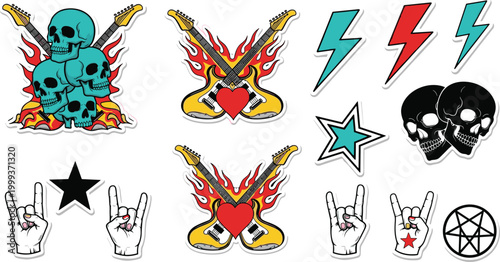 Bold Rock Heavy Metal Sticker Pack with Flaming Skull Crossed Guitar Devil Horns Lightning Pentagram and Tattoo Style Elements Set