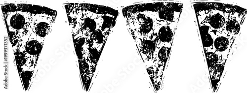 Four black and white pizza slice silhouettes with various toppings on white background