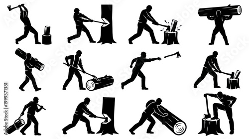 Black and White Silhouettes of Lumberjack Actions with Axe and Wood