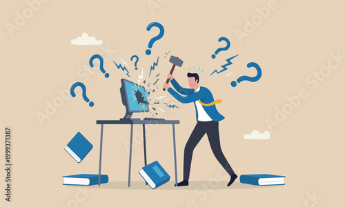 Frustration is modern, flat design with clean lines and minimal shading mistake concept, frustrated businessman hitting to computer with hammer
