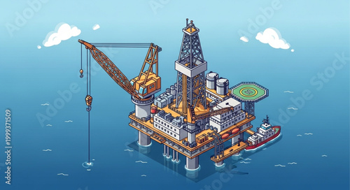Offshore Oil Platform with Crane and Machinery in Ocean.