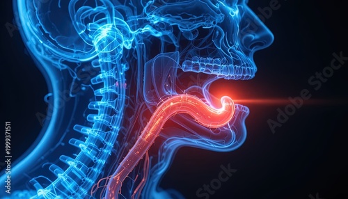 Medical Illustration of Human Head Anatomy Highlighting Throat and Spinal Cord with Veins and Arteries