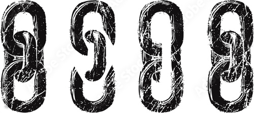 Grunge chain links set of black distressed metal chain icons with scratched texture isolated on white background