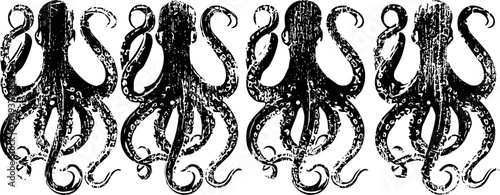 vintage grunge octopus silhouettes in a row with tentacles detailed and textured design