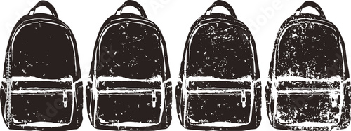 Black backpack silhouettes set in vintage grunge school bag icons with zipper and handle variations