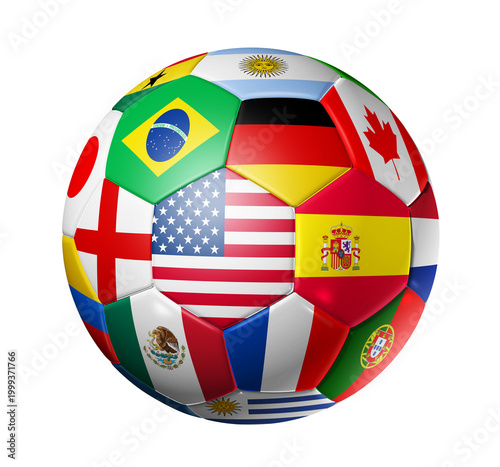 Fotografie World football soccer ball with team national flags on white background