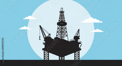 Offshore Oil Rig Silhouette Against Blue Sky.