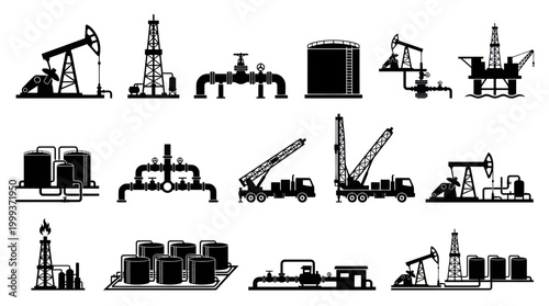 Oil Industry Icons: Pumps, Rigs, Tanks, Cranes - Flat Black Graphics