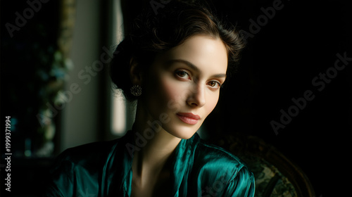 Elegant woman in green robe posing softly in dark interior light  