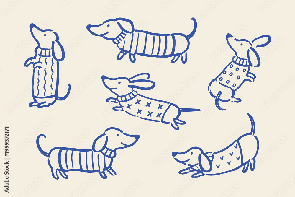 Obraz premium Dachshund dog sweaters set naive sketch vector illustration