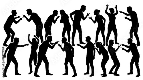 Human Relationships Conflict Silhouettes - People Arguing and Pointing Fingers Vector Illustration