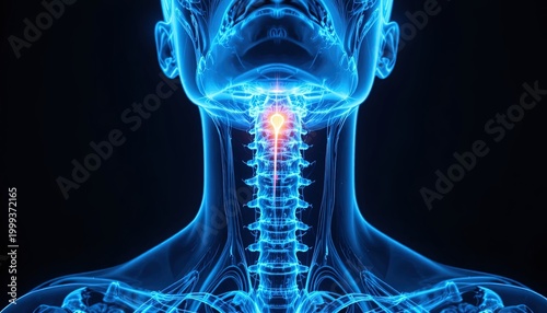 Blue Human Anatomy Illustration Showing Spine and Nervous System with Red Area Highlighting Pain Point
