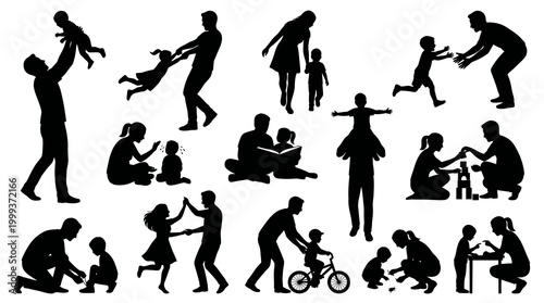 Family Parenting Activities Vector Silhouette Set: Parents and Kids Playing, Learning, Caring